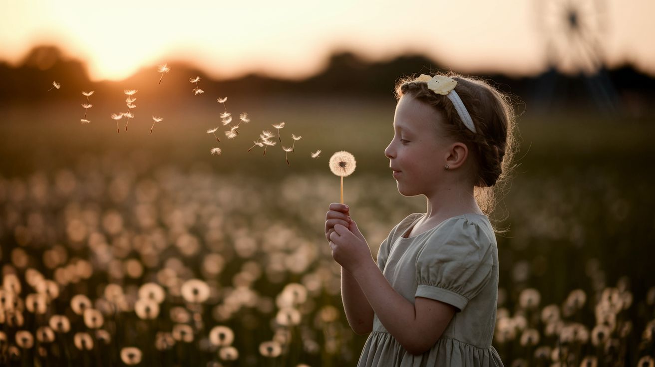 Una niña soplando semillas de diente de león en un campo dorado al atardecer — la alegría se esparce como semillas de diente de león, soplas una vez y todo el campo se llena