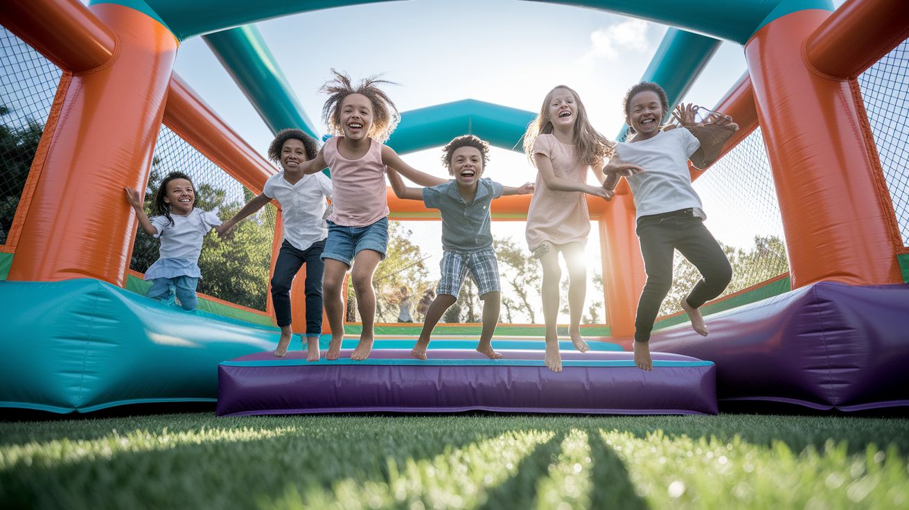 Niños riendo y saltando juntos en un castillo inflable de colores — la alegría estaba hecha para compartirse, la alegría dividida entre cien es una fiesta